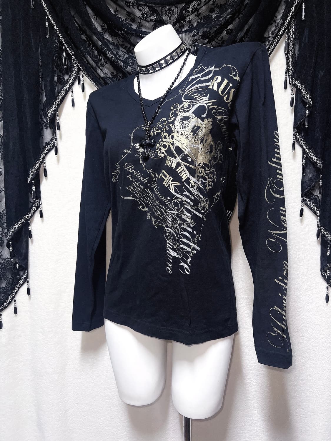 레터링 프린팅 브이넥 롱슬리브리스 긴팔탑 오네갸루 고스펑크 y2k 와투케 상품이미지3