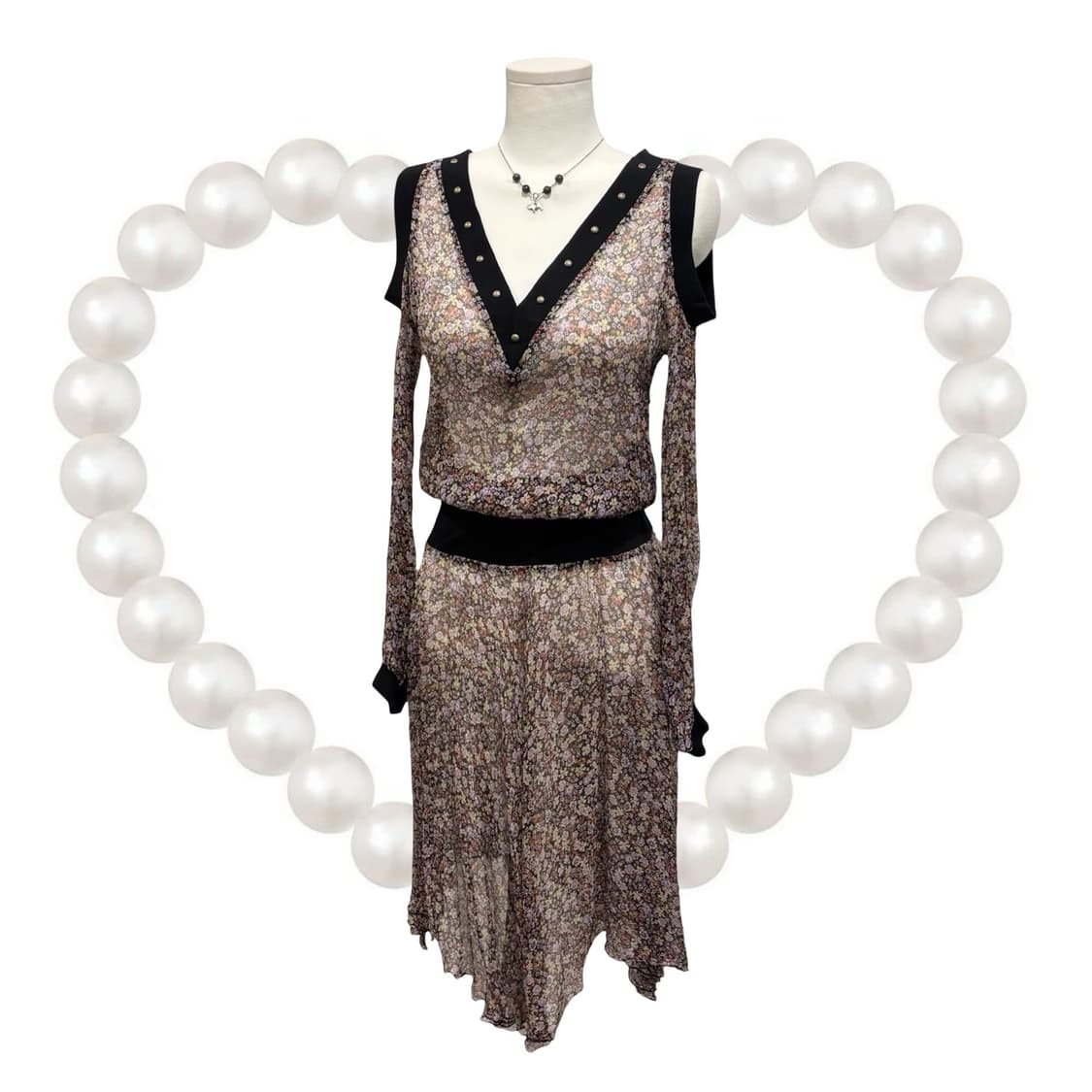 일본 빈티지 유니크 오리엔탈 쉬폰 어깨 트임 원피스 상품이미지3