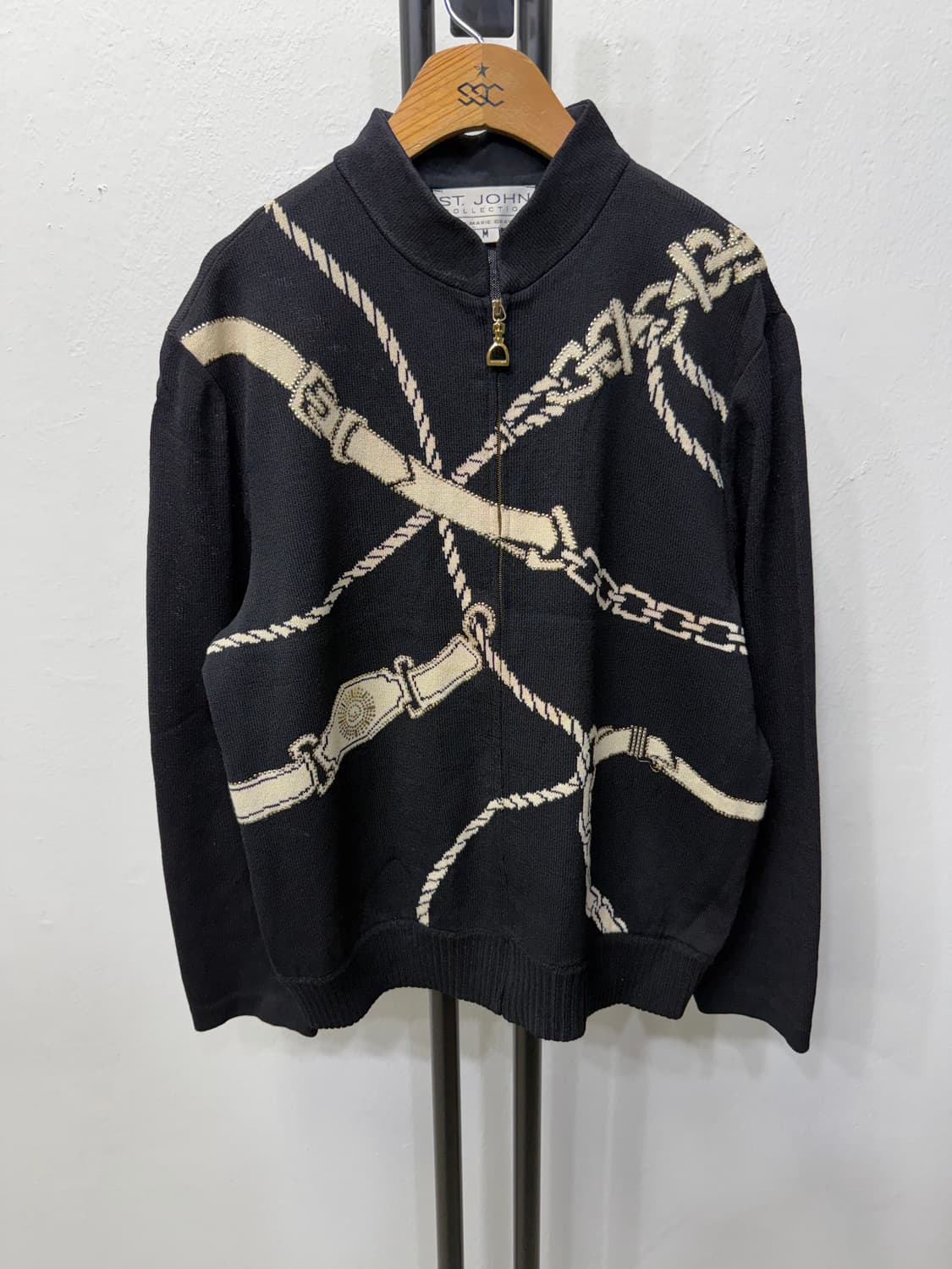 정품) St. John 센존 세인트존 블랙 체인 패턴 니트 집업 M 상품이미지1