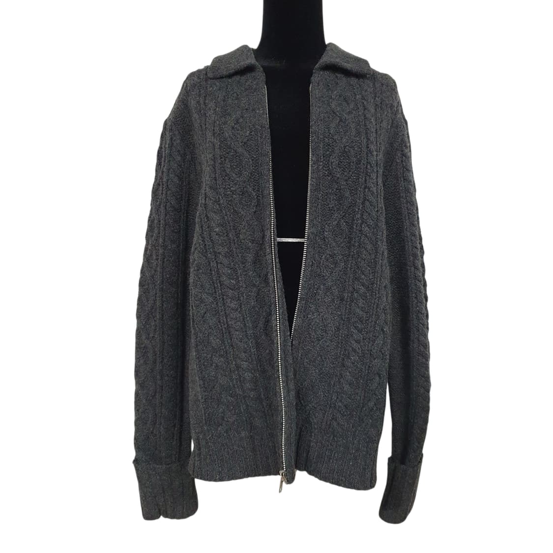 빈티지 갭 100%램스울 케이블 니트 집업 그레이 아메카지 상품이미지2