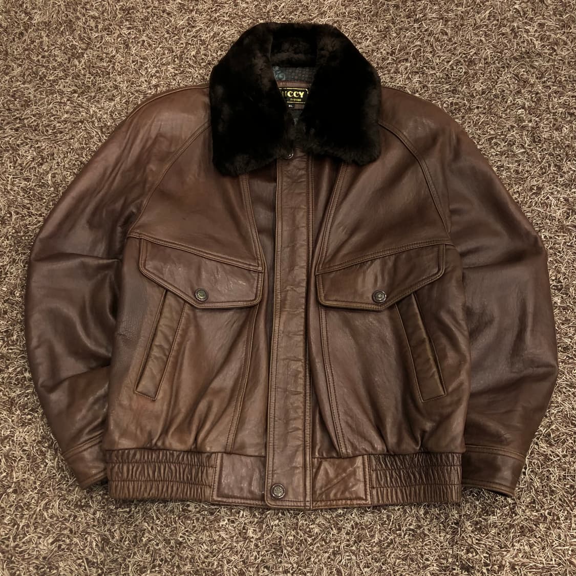 빈티지 양가죽 봄버 브라운 레더 가죽 자켓 퍼 카라 탈부착 상품이미지2