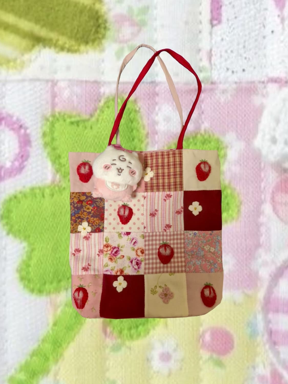 모리걸 일본 빈티지 뜨게 딸기 핑크하우스 에코백 숄더백 가방 상품이미지1