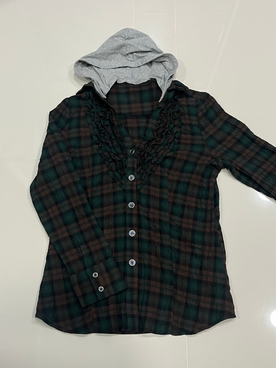 빈티지 후드 체크 셔츠 브라운/그린 프릴 블라우스 셔츠 상품이미지1
