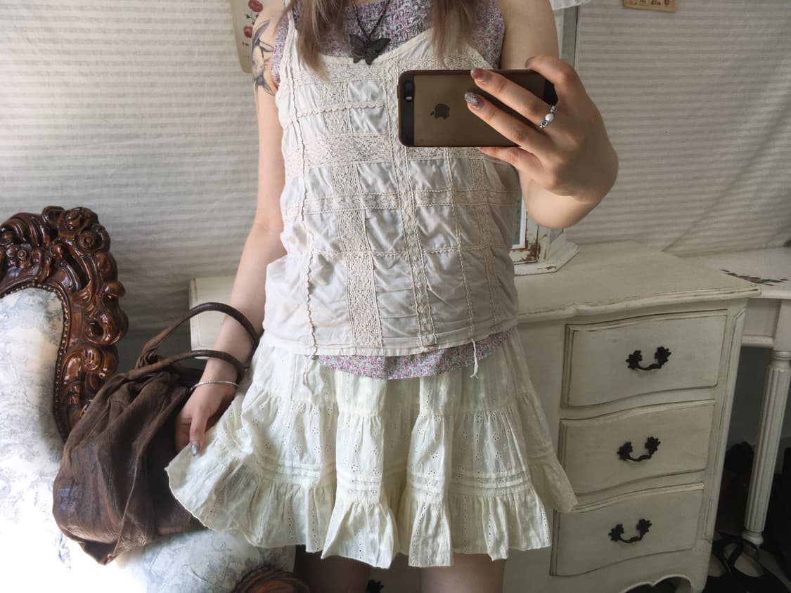 일본빈티지 아이보리 레이스 패치워크 모리 슬리브리스 상품이미지4