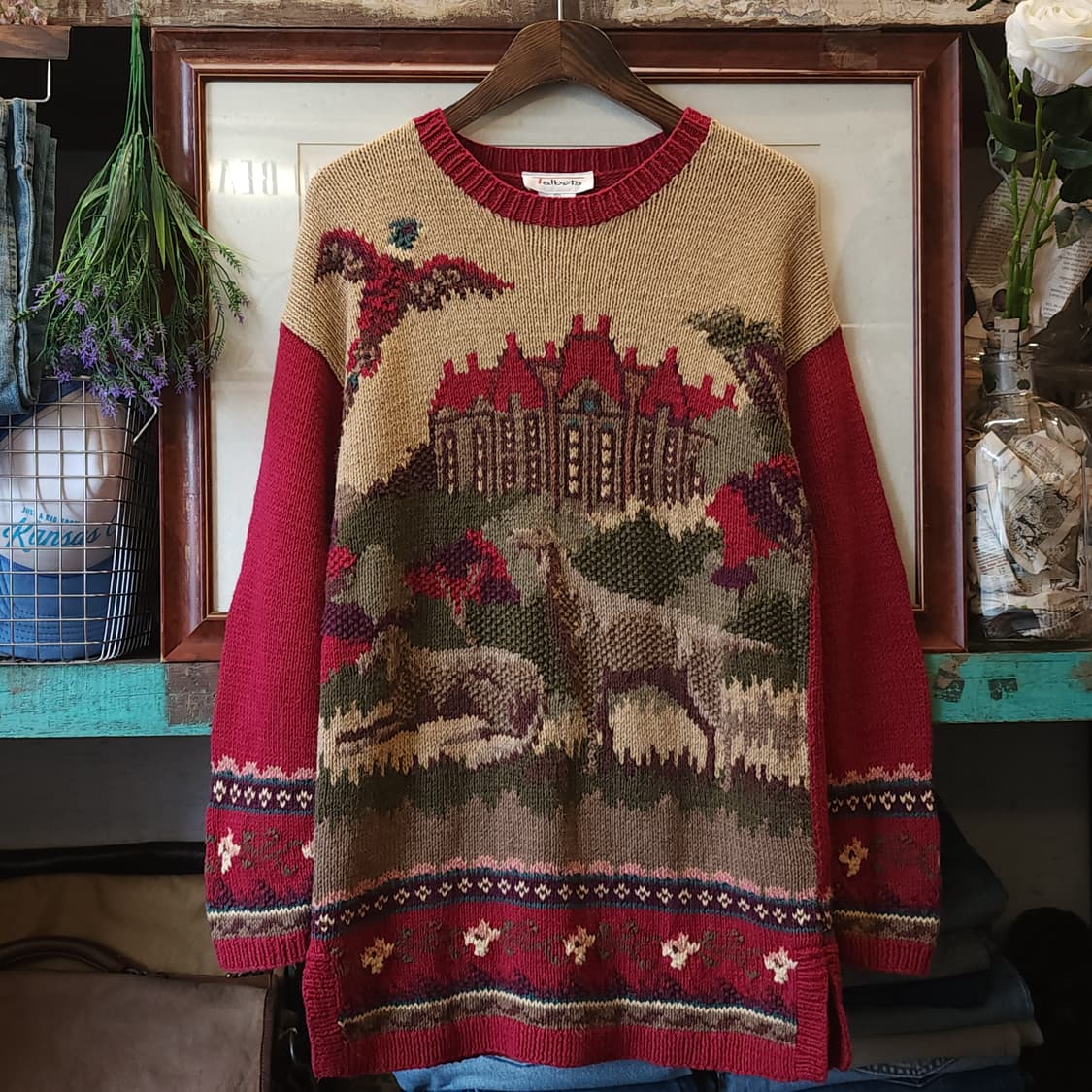 90s 빈티지 핸드메이드 니트 원피스 컨트리 강아지 프린팅 코튼 니트 M 상품이미지1