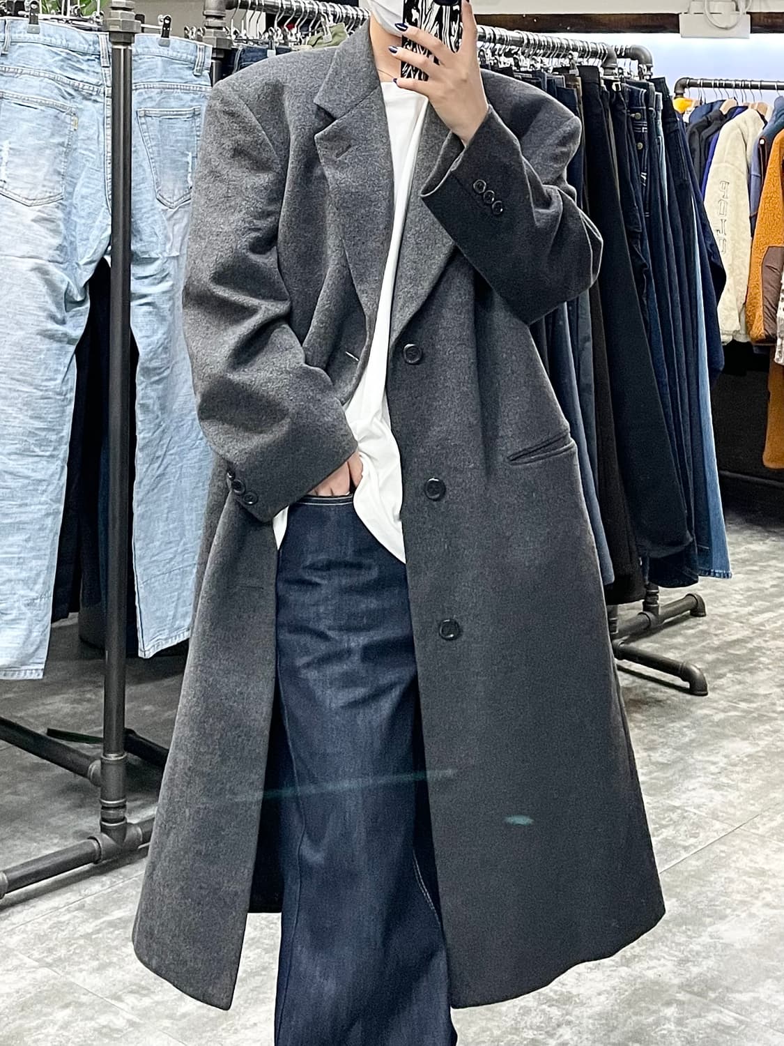 랑방 챠콜 울 모직 롱 코트 상품이미지2