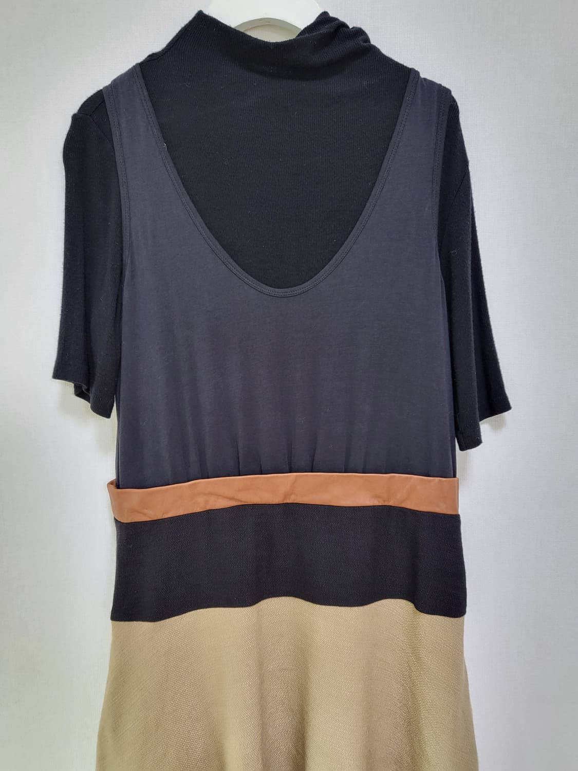 일본구매 DKNY 도나카렌 리얼가죽+고급린넨+면 배색 원피스 free 상품이미지6