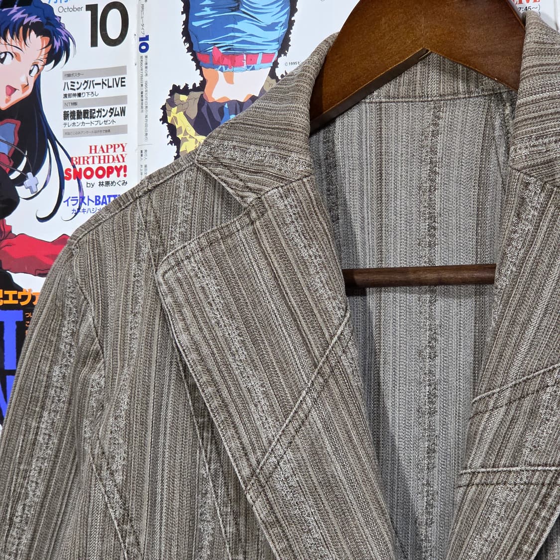 JPN 스트라이프 원버튼 브라운 코튼 블레이저 자켓 상품이미지3