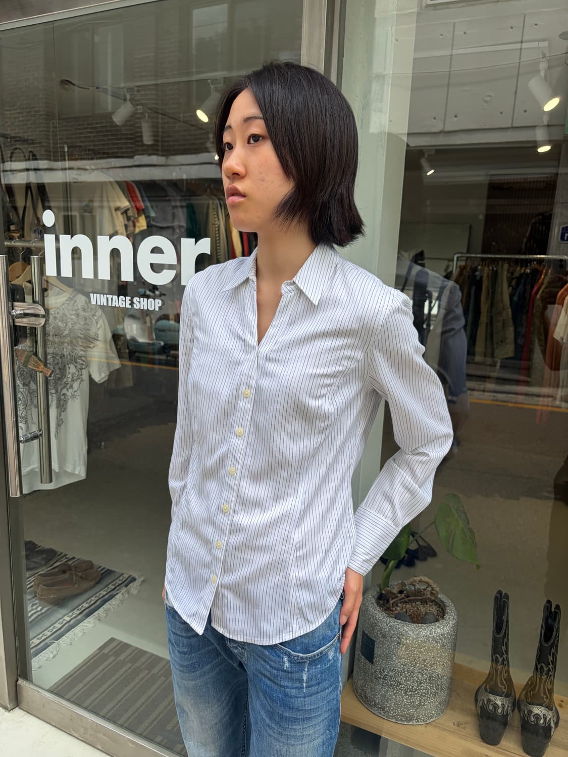 Calvin Klein 오픈카라 스트라이프 셔츠 S 상품이미지2