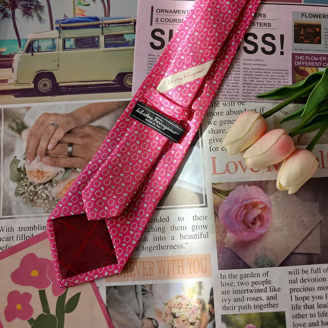 페라가모 실크 핑크 간치니&깃발 넥타이 8.7cm A~B등급 A18832 상품이미지2