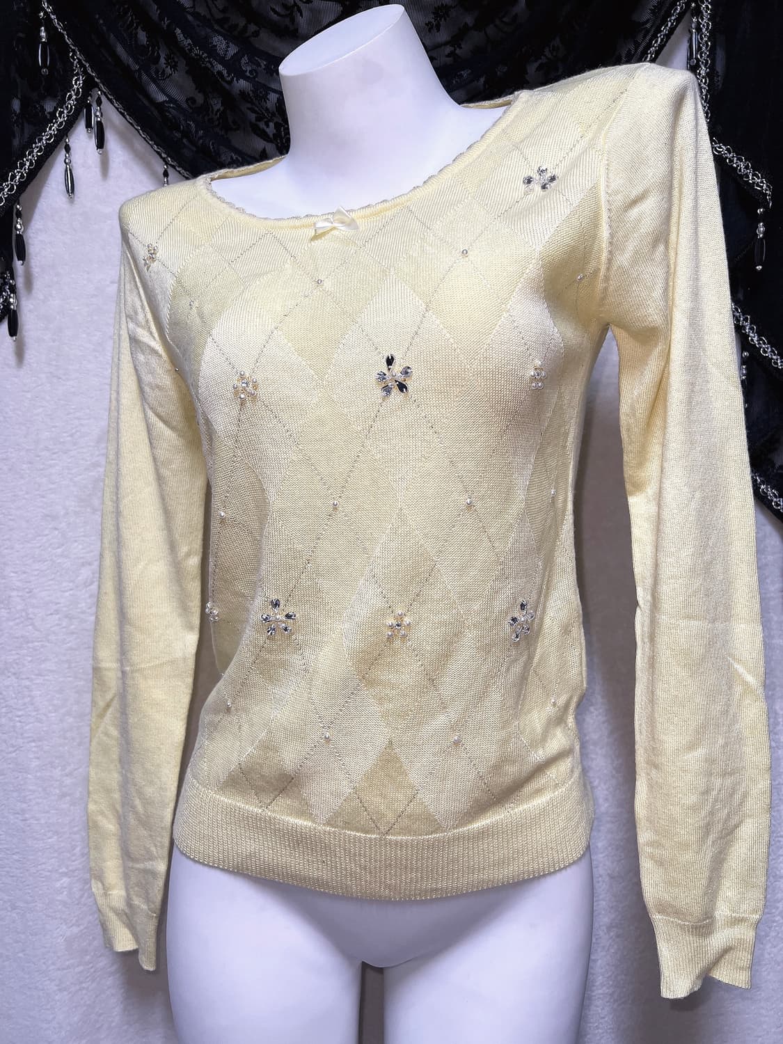 일브 아가일 진주 큐빅 니트 로맨틱갸루 로걀탑 러블리 라떼 핀터 하구미 상품이미지1