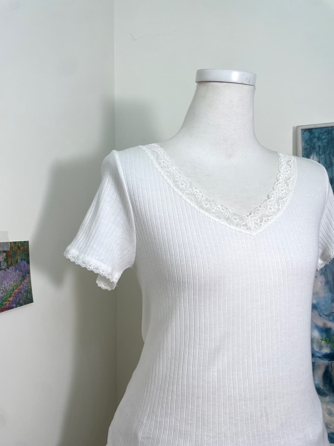 white v-neck lace trim sapn top(size-M) 상품이미지6