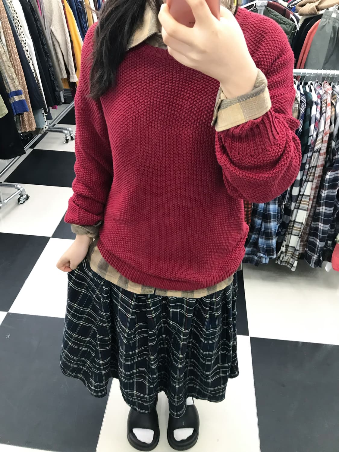 빈티지무드 버건디 니트 +체크스커트+체크셔츠 코디세트 상품이미지2