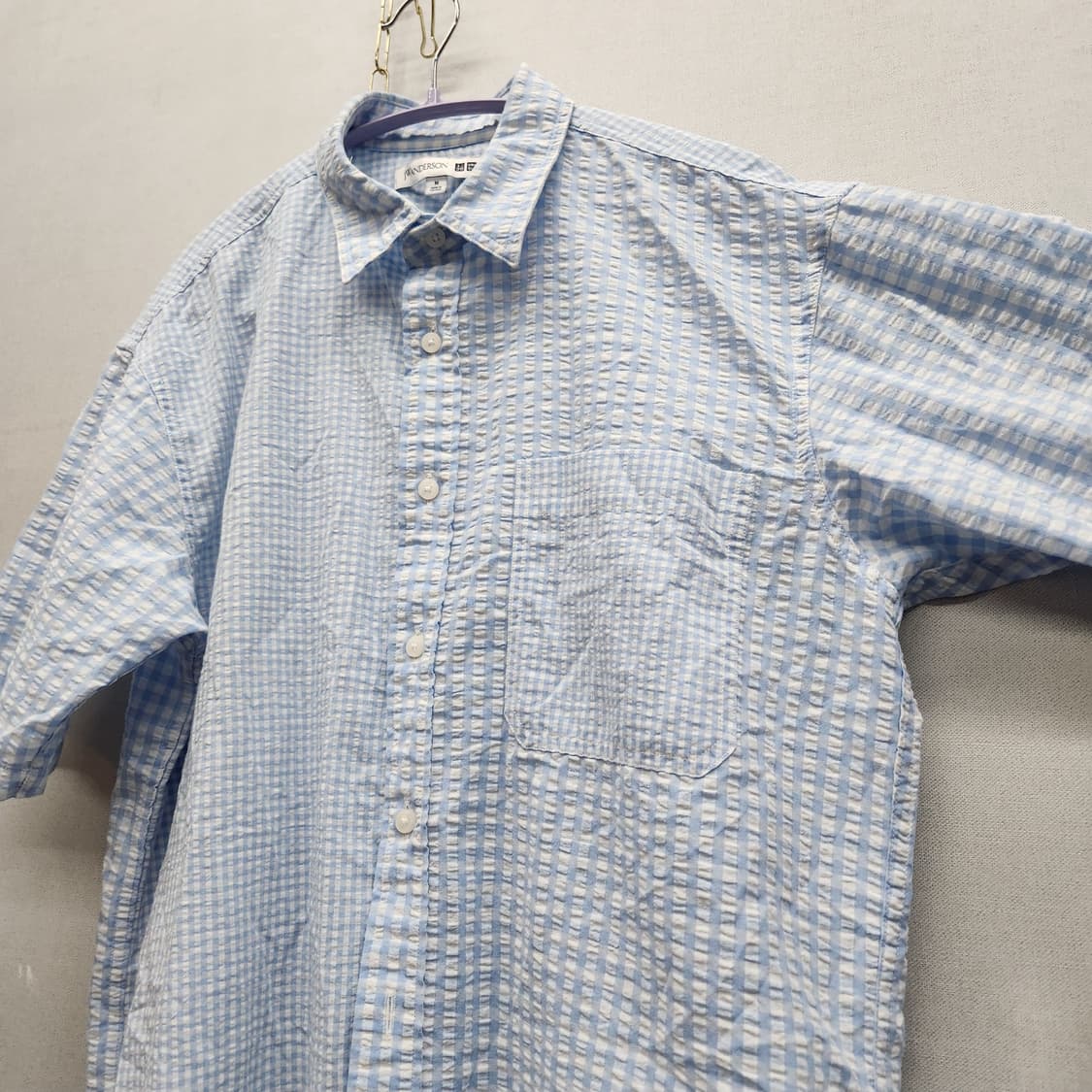 유니클로xJW앤더슨 시어서커 깅엄체크 반팔셔츠 M(L)남여공용 상품이미지3