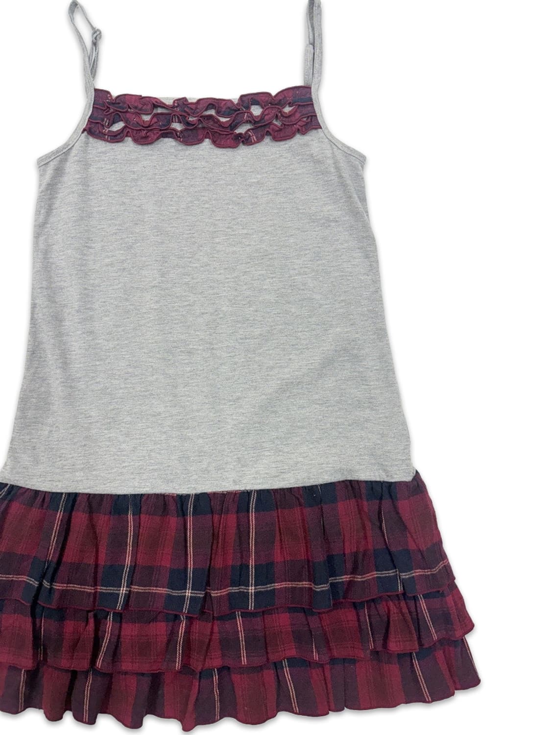 빈티지 Olive Des Olive 그레이 레드 프릴레이어드 슬리브리스 상품이미지2