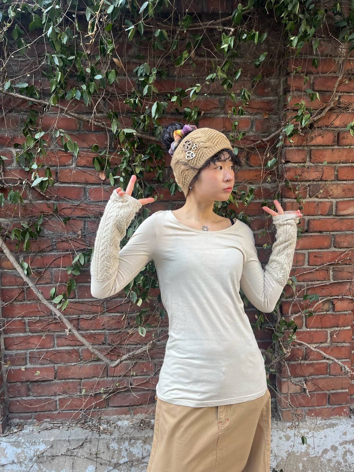 크림 아이보리 소매 니트 롱슬리브 상품이미지1