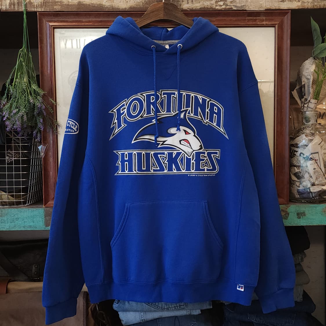 90s 러셀 후드 스웻셔츠 포튜나 허스키스 빈티지 프린팅 블루 L 상품이미지1