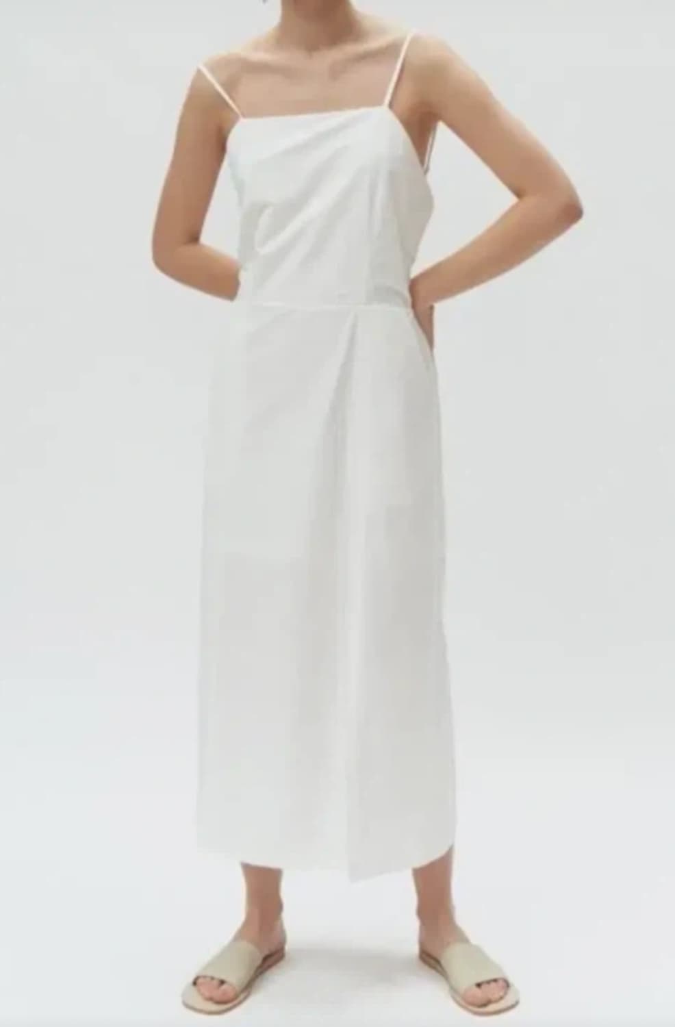 다이애그널 슬릿 트임 밴딩 절개 스냅 린넨 원피스 화이트 맥시 롱 상품이미지2