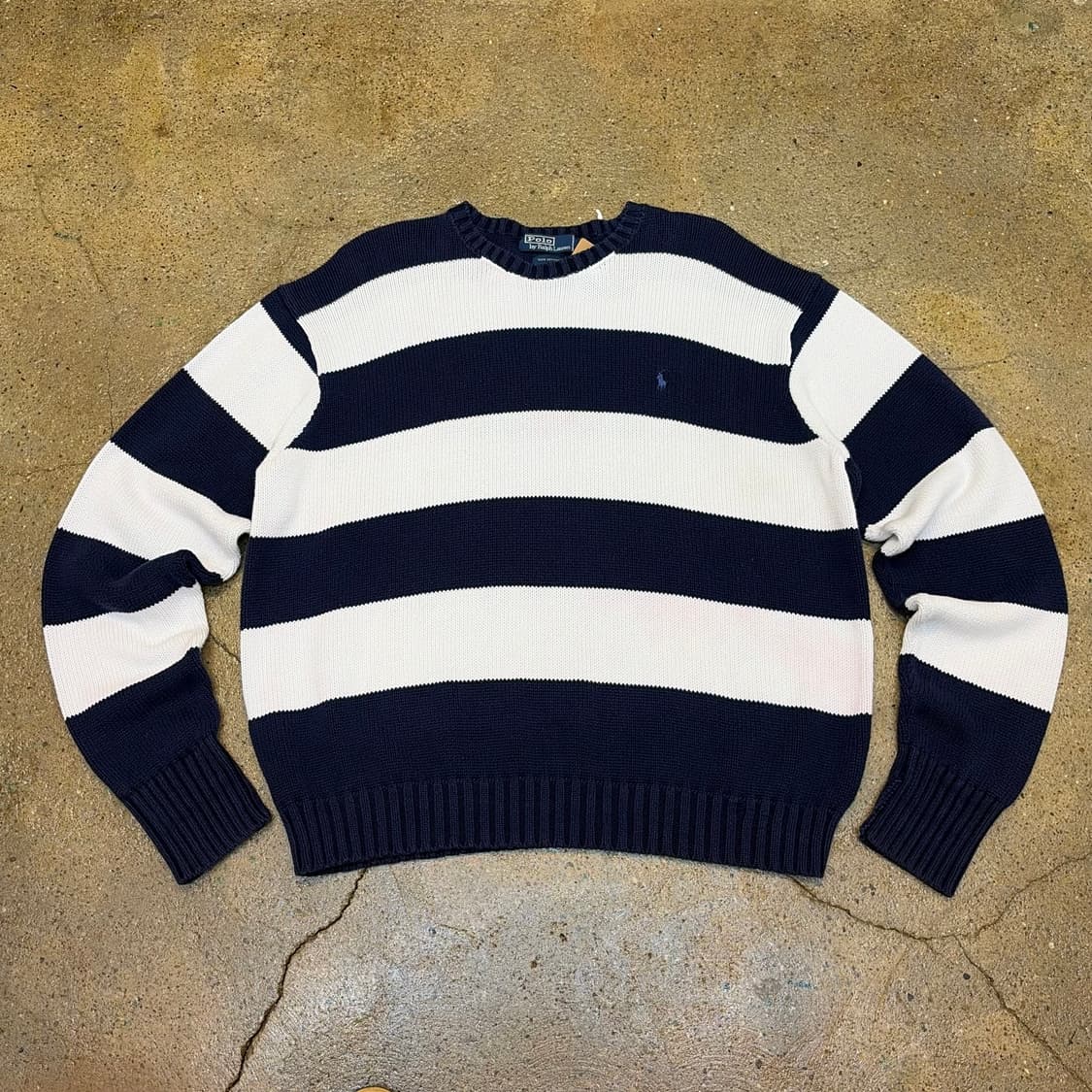 90s USA 빈티지 폴로랄프로렌 스트라이프 단가라 헤비코튼 니트  상품이미지1
