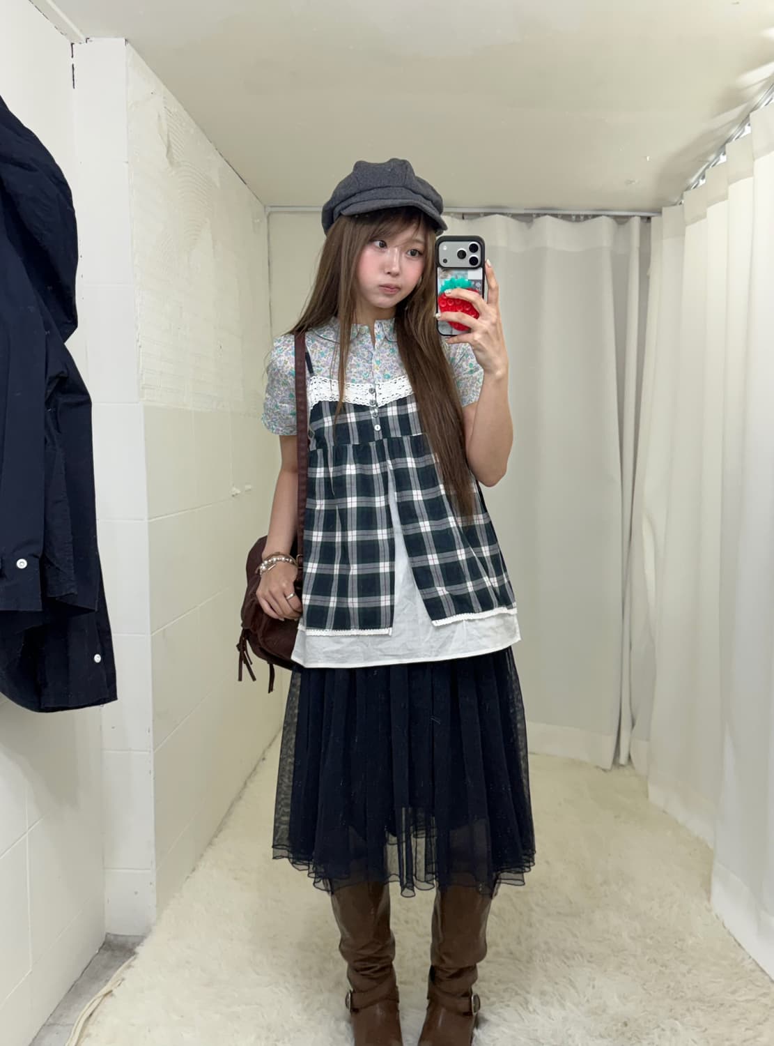 네이비 샤 스커트 니혼진 모리걸 하구미 체크 코디세트 상품이미지2