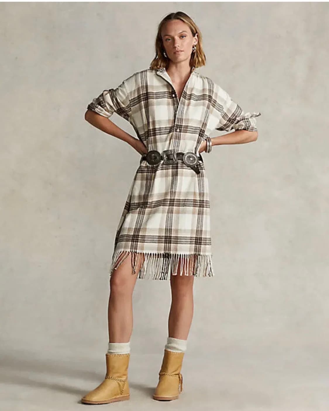폴로 체크 패턴 롱 셔츠 원피스 프린지 장식 상품이미지8