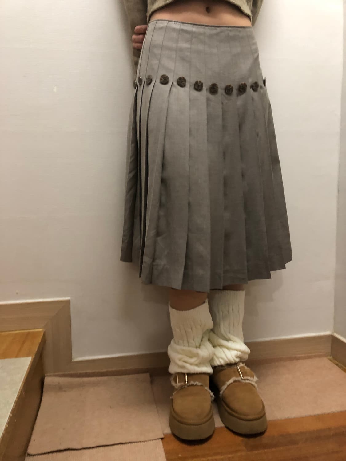 빈티지 그레이 버튼 플리츠 미디 스커트 상품이미지7