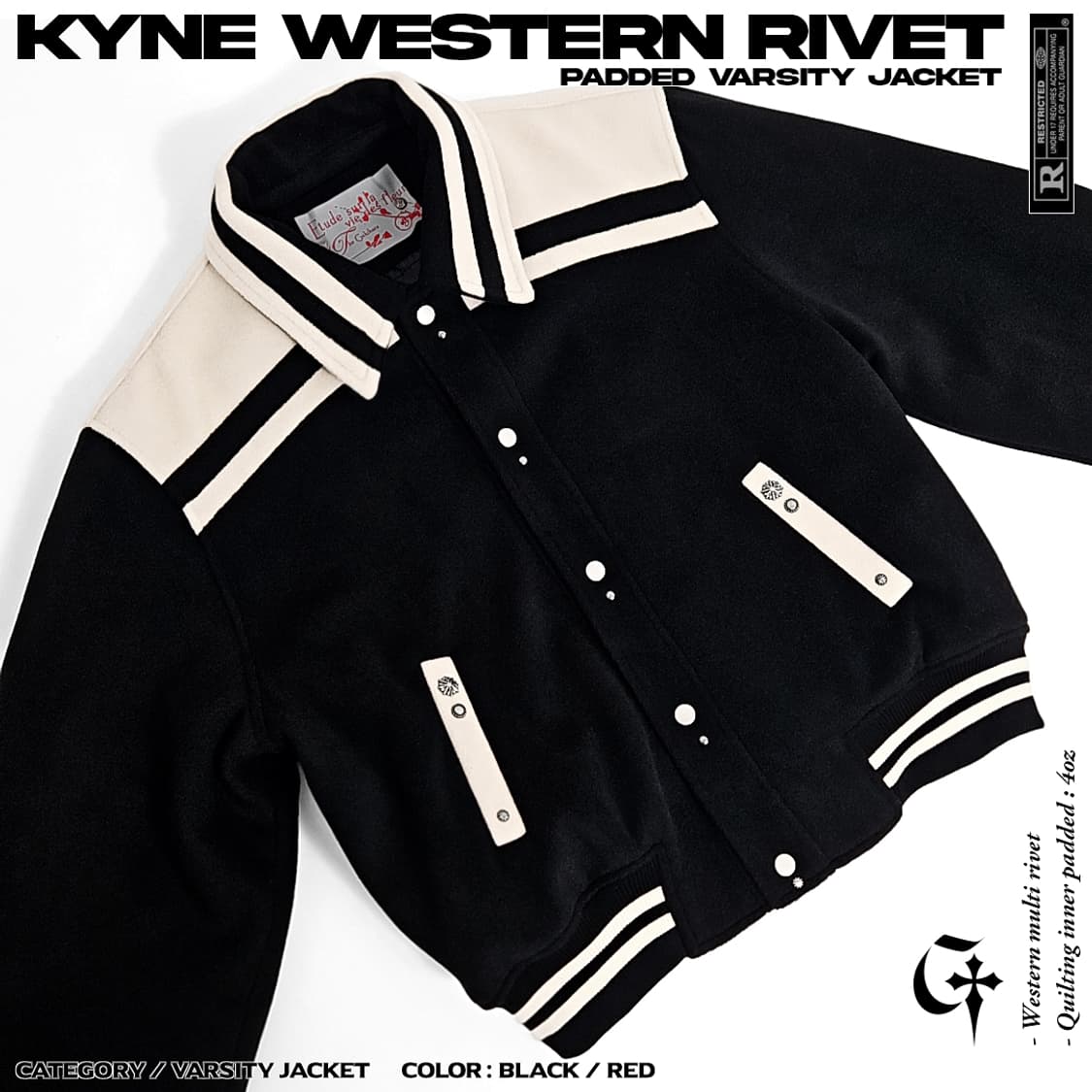 Kyne 웨스턴리벳 패딩 바시티자켓 (black) 상품이미지1