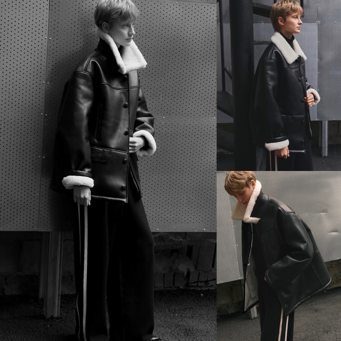 씨타 울 블렌드 시어링 폭스 레더 무스탕 코트 블랙 새상품 상품이미지2