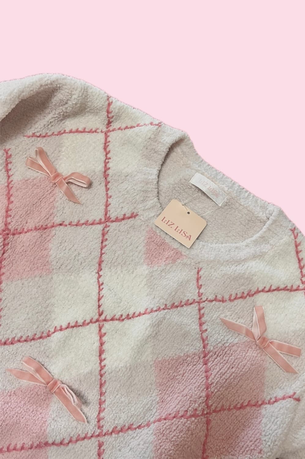 리즈리사 딸기우유 핑크 리본 아가일 니트 상품이미지2