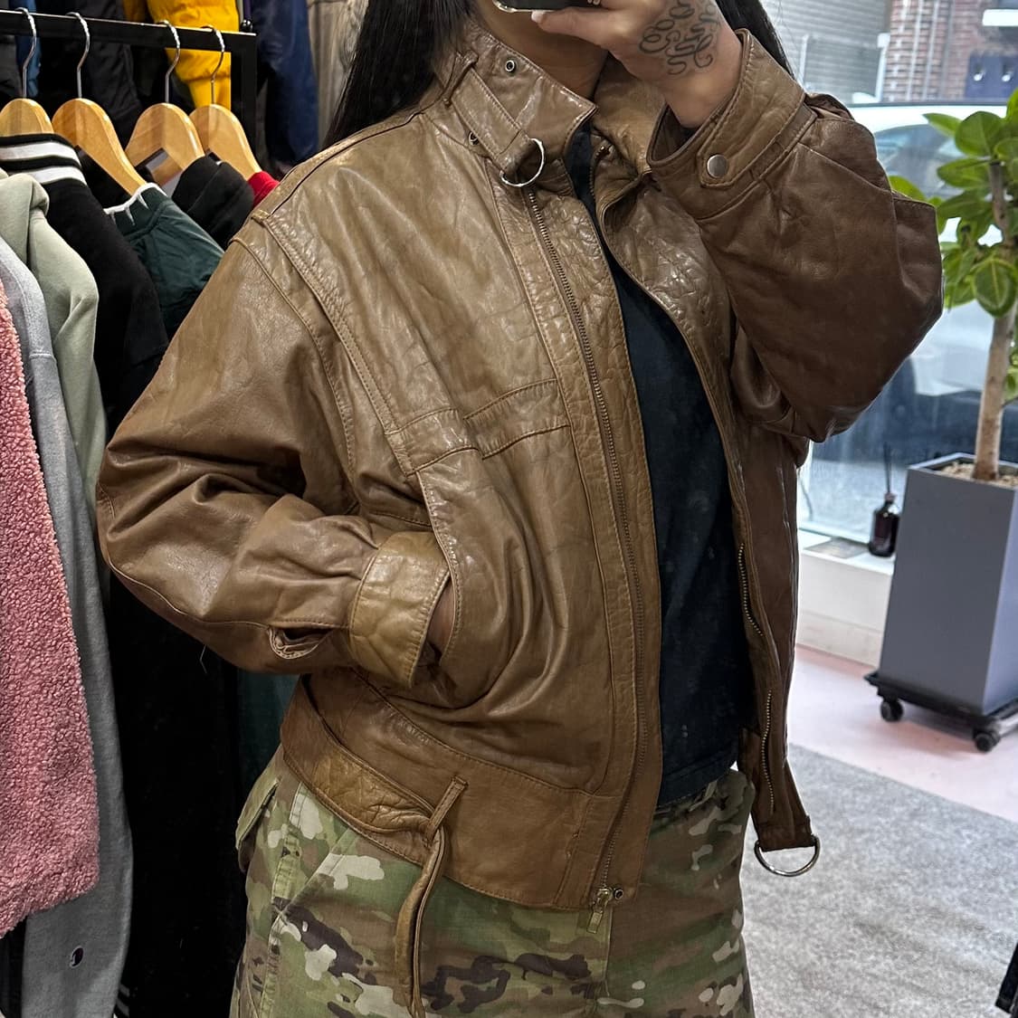 브라운 벨티드 램스킨 가죽 봄버 자켓M-L 상품이미지10