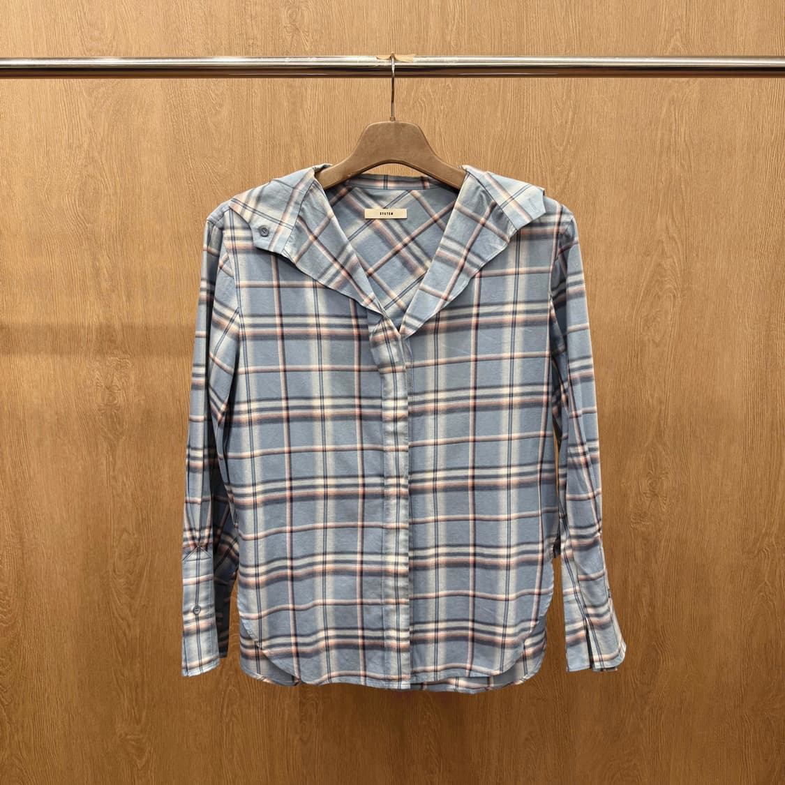 시스템 오픈카라 체크 셔츠 히든 버튼 플래킷 컬러 배색 블루 상품이미지2