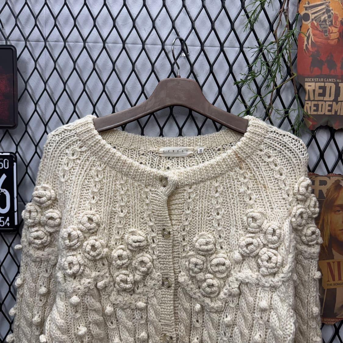 80s JPN VINTAGE 니트 가디건 입체 플라워 디테일 아이보리 상품이미지3