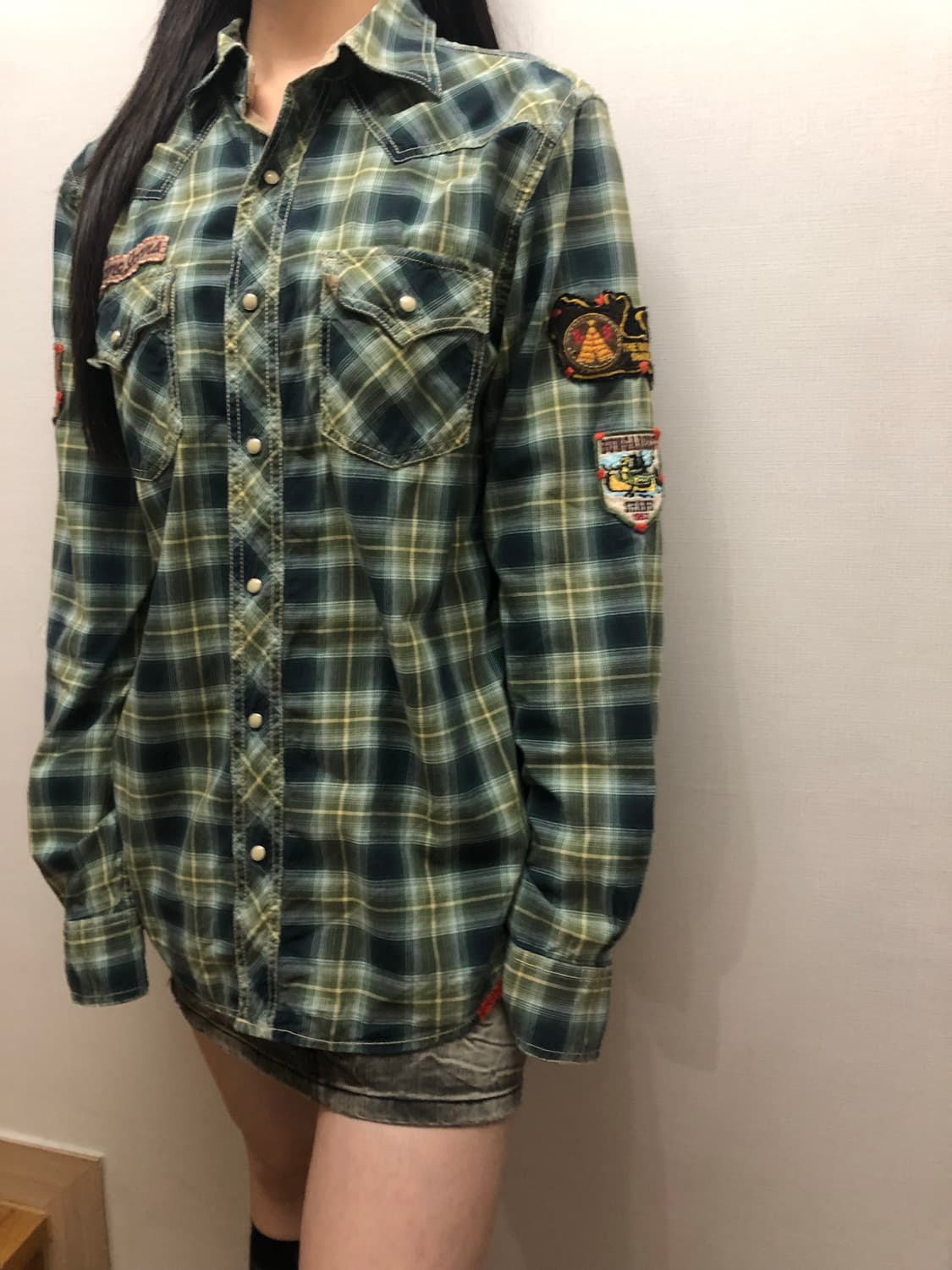빈티지 그린 체크 패치 셔츠 상품이미지4