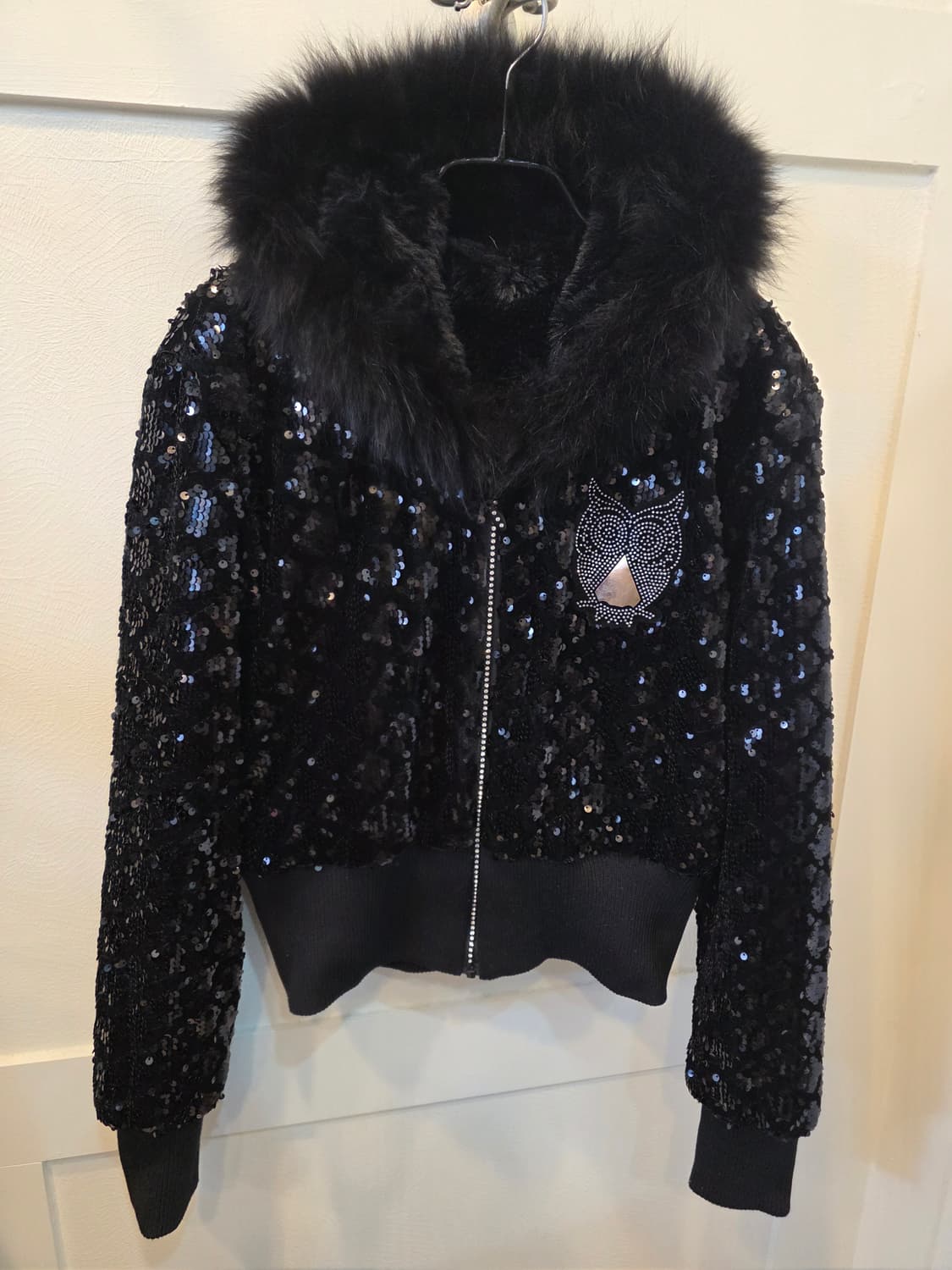 블랙 스팽글 퍼 트리밍 크롭자켓 상품이미지2