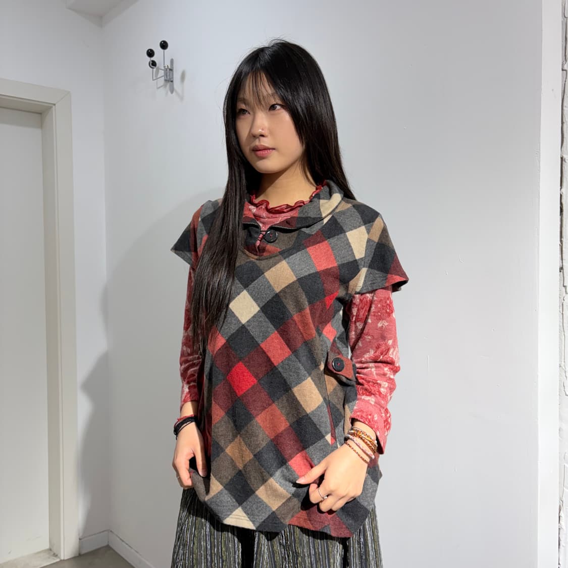 Pursuit De Ideal 단추 체크 레이어드 모리룩 반팔 니트 상품이미지2