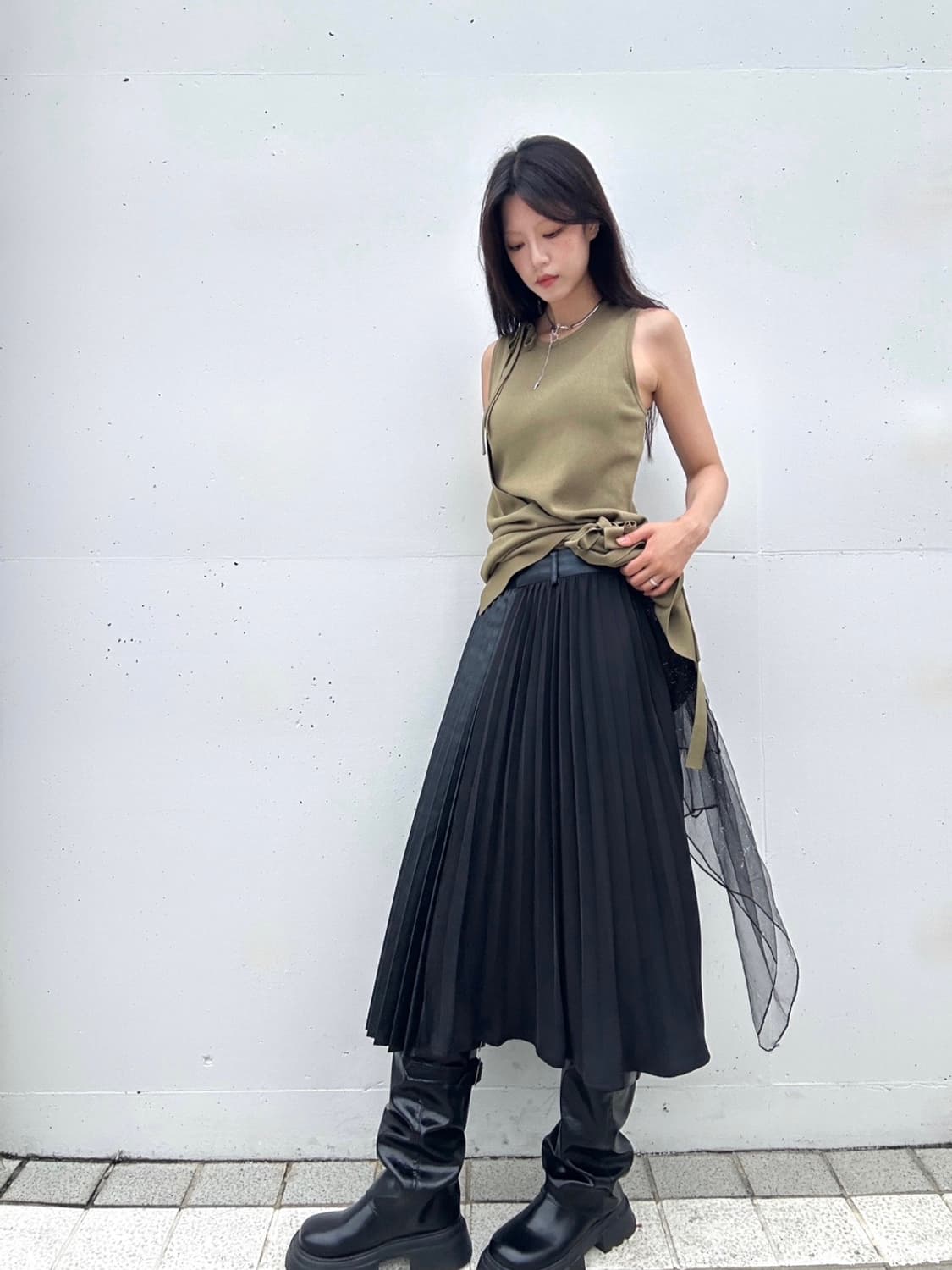 Leather mix hybrid pleats skirt / black 상품이미지2