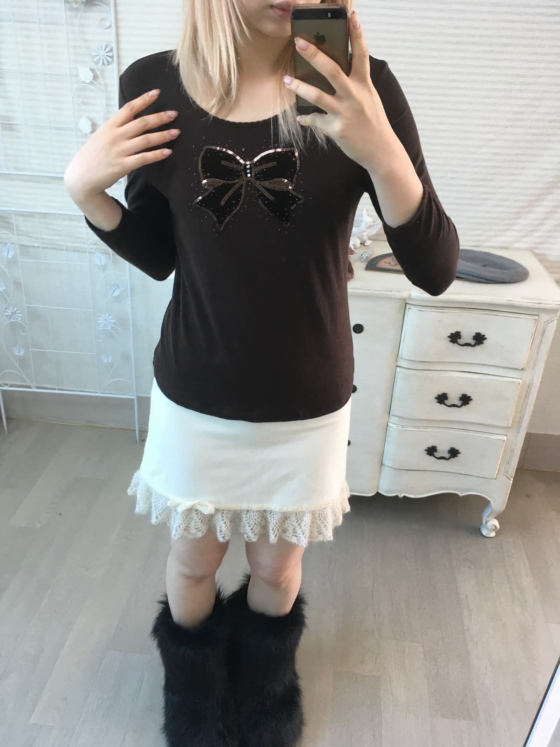 jpn vintage 벨루아 리본 비즈 티셔츠 상품이미지3