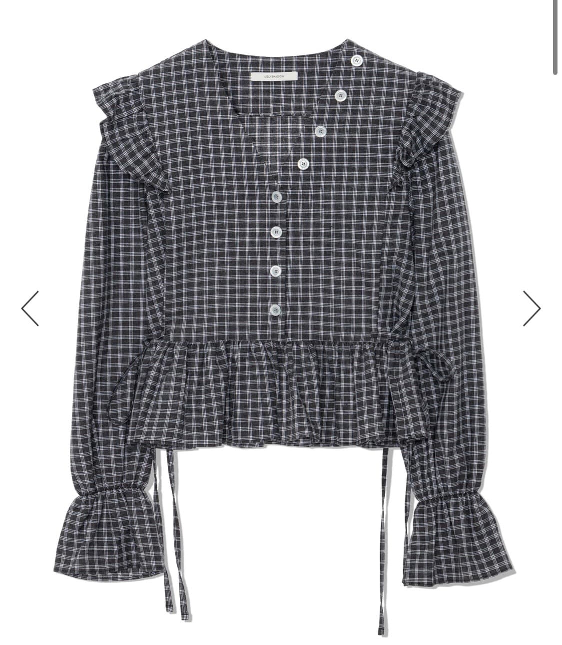 BUTTON CHECK FRILL BLOUSE(CHARCOAL) 상품이미지1