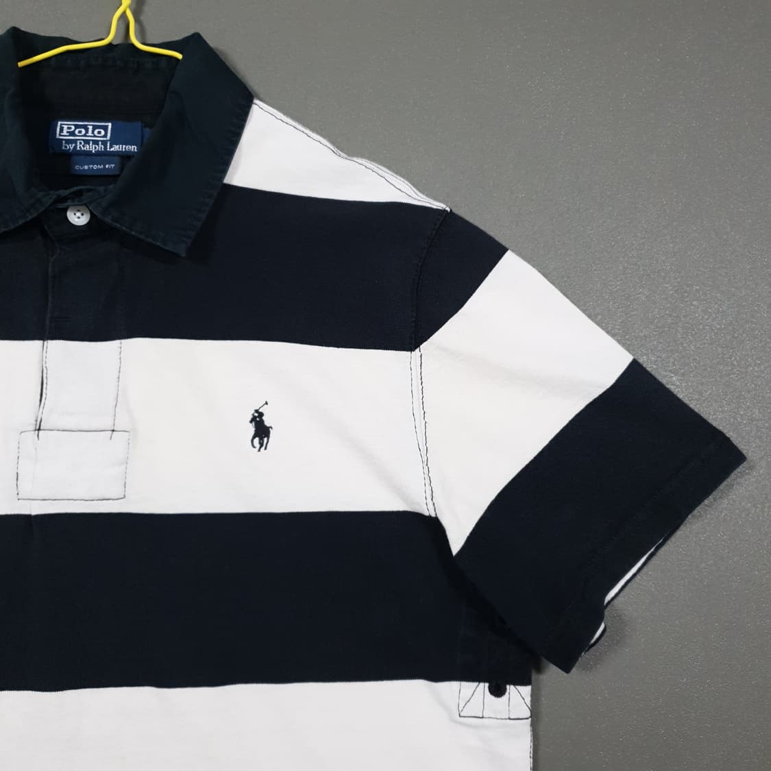 L) 폴로 랄프로렌 스트라이프 럭비 반팔 카라티 피케 셔츠 블랙 화이트 상품이미지2