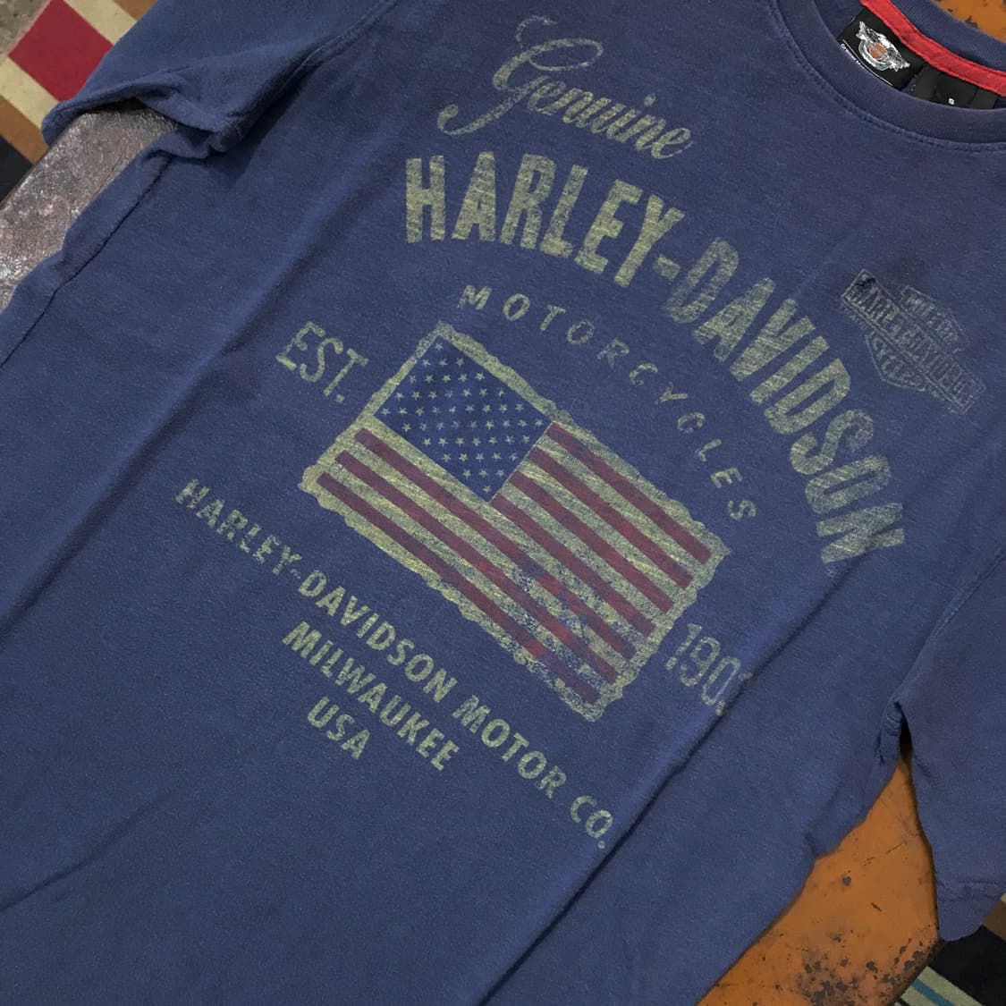 할리데이비슨 성조기 프린팅 네이비 숏 슬리브 남성 102 여성 루즈핏 상품이미지3