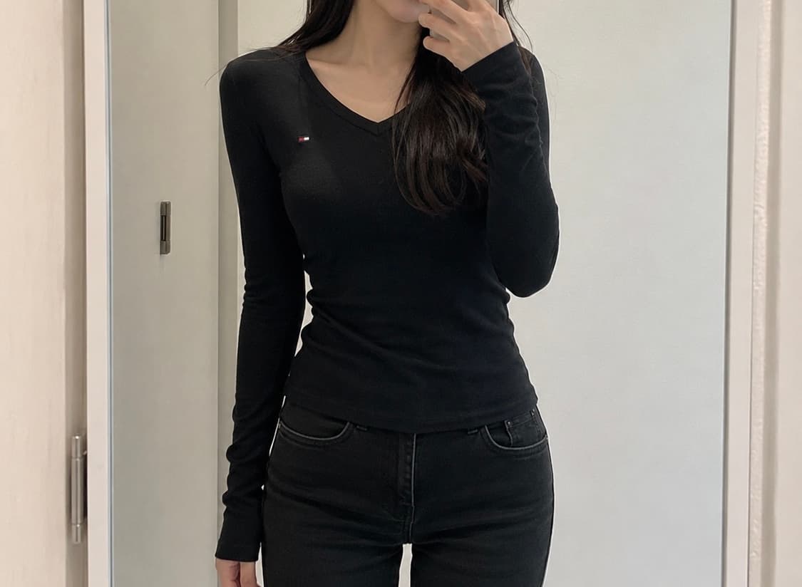 타미힐피거 브이넥 긴팔티 블랙 상품이미지1