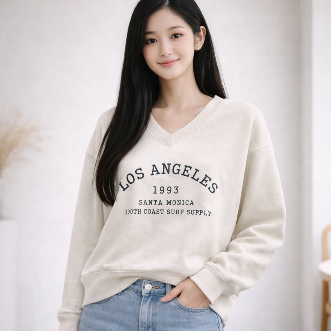 엔키노 로스앤젤레스 레터링 브이넥 크롭 맨투맨 상품이미지2