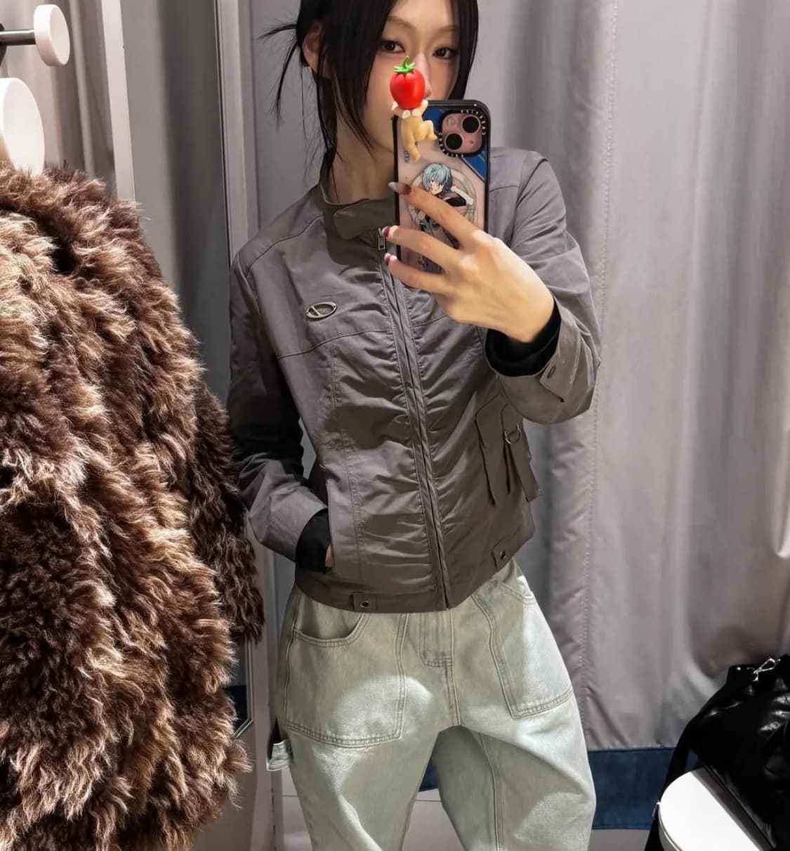 시그니처 셔링 코튼 바이커 자켓 차콜 1(s) 상품이미지2