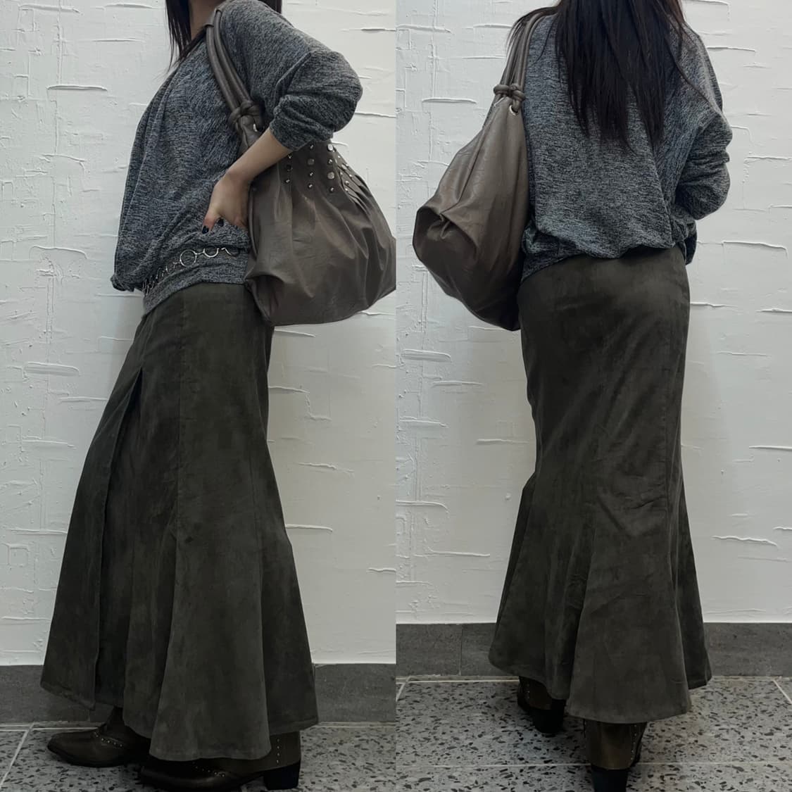 Khaki suede long skirt 상품이미지5