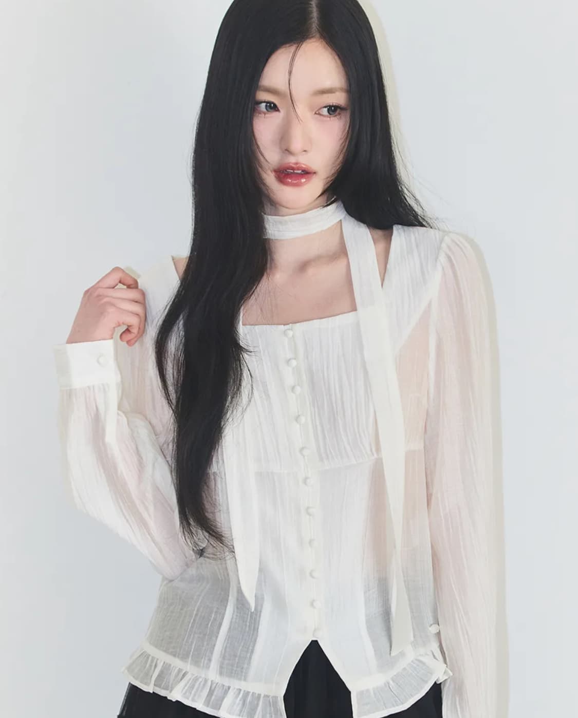 일리고 리본 타이 롱 블라우스 크림 상품이미지5