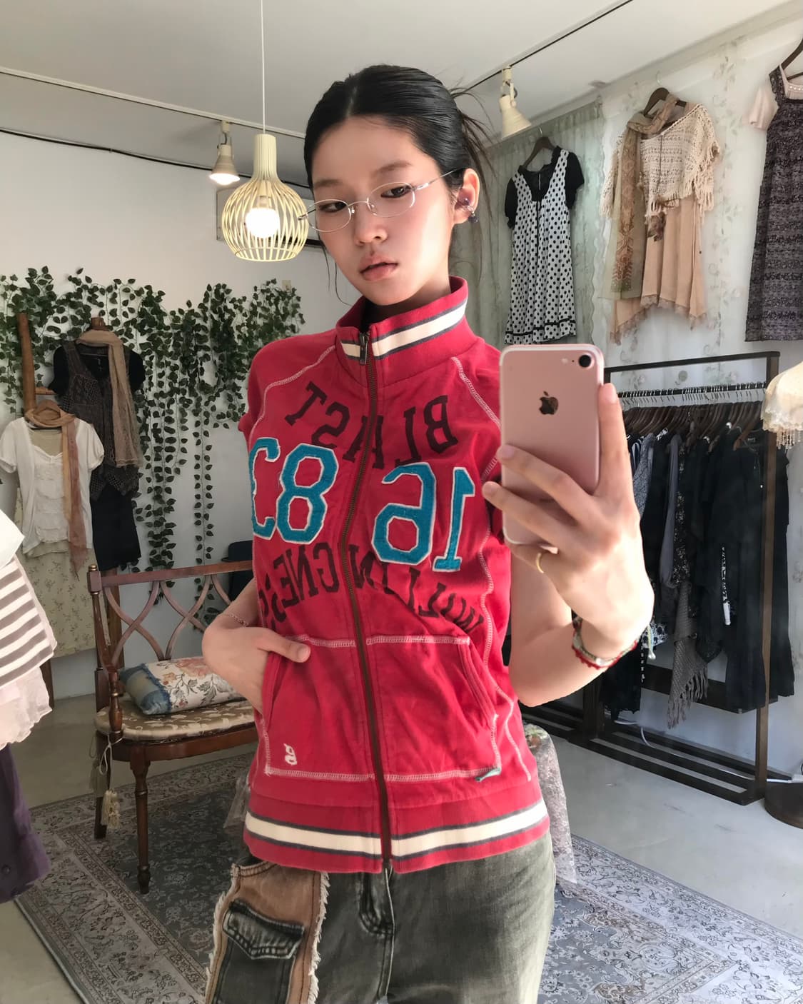 빈티지 체리레드 코르티스깔 반팔 코튼 집업 상품이미지1