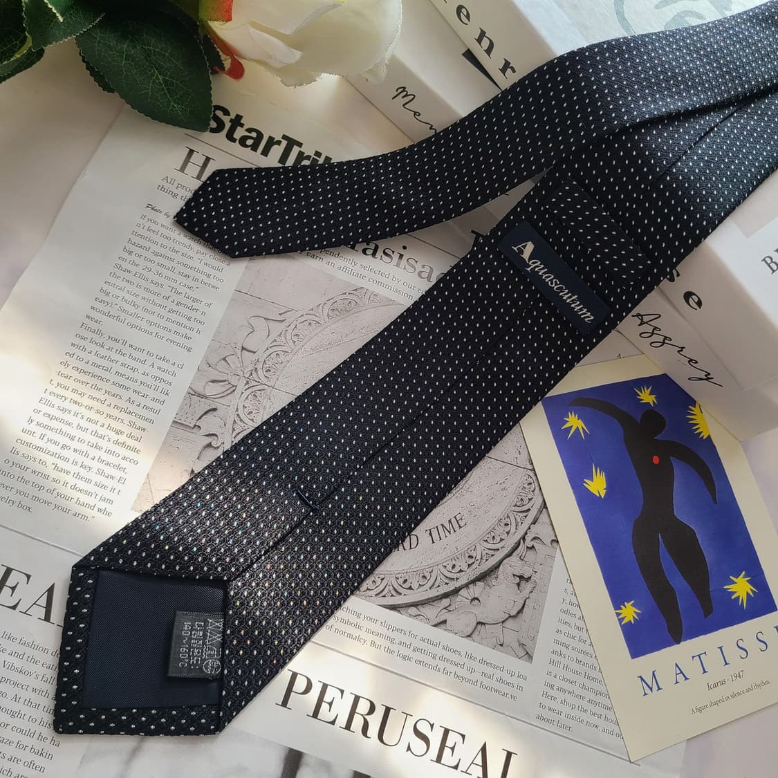 아쿠아스큐텀 실크 블랙 도트 패턴 넥타이 7.1cm A+등급 E703 상품이미지8