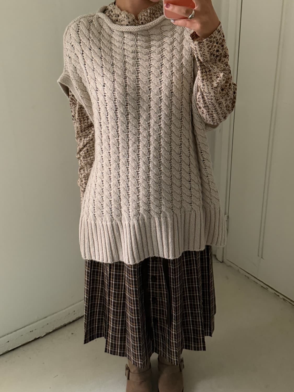 일본빈티지 브라운 체크 울 플리츠 스커트 상품이미지5