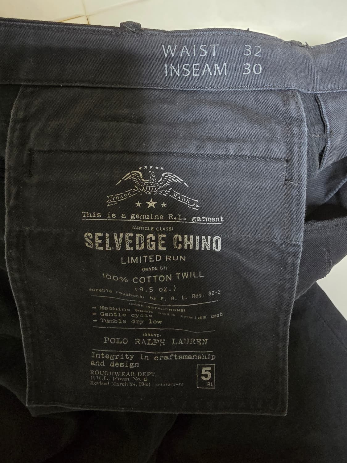 폴로 랄프로렌 한정판 셀비지 블랙 치노팬츠 32/30 상품이미지5