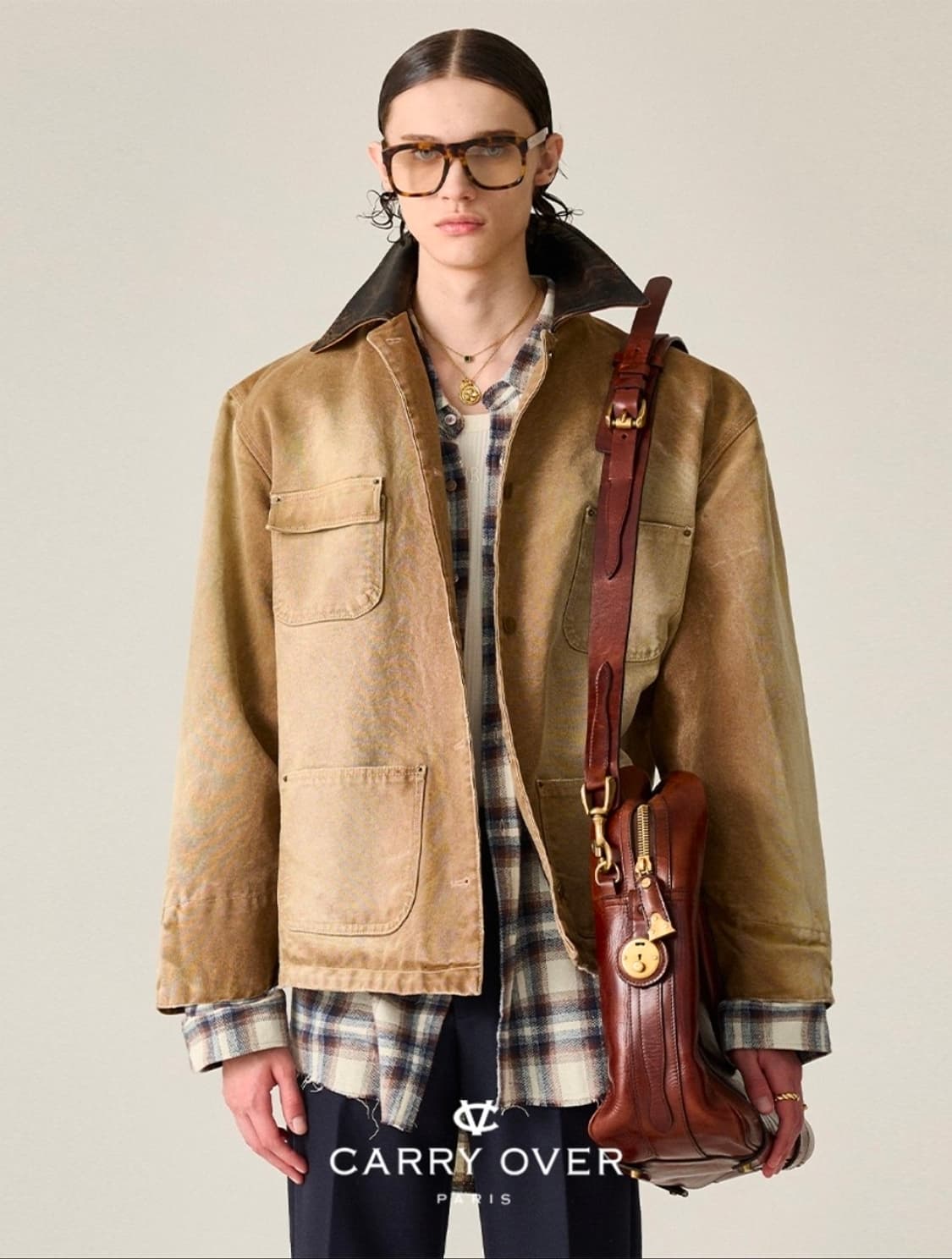 [새제품/XL] 듀드나인 빈티지 레더 카라 캔버스 워크자켓 워시드 베이지 상품이미지1